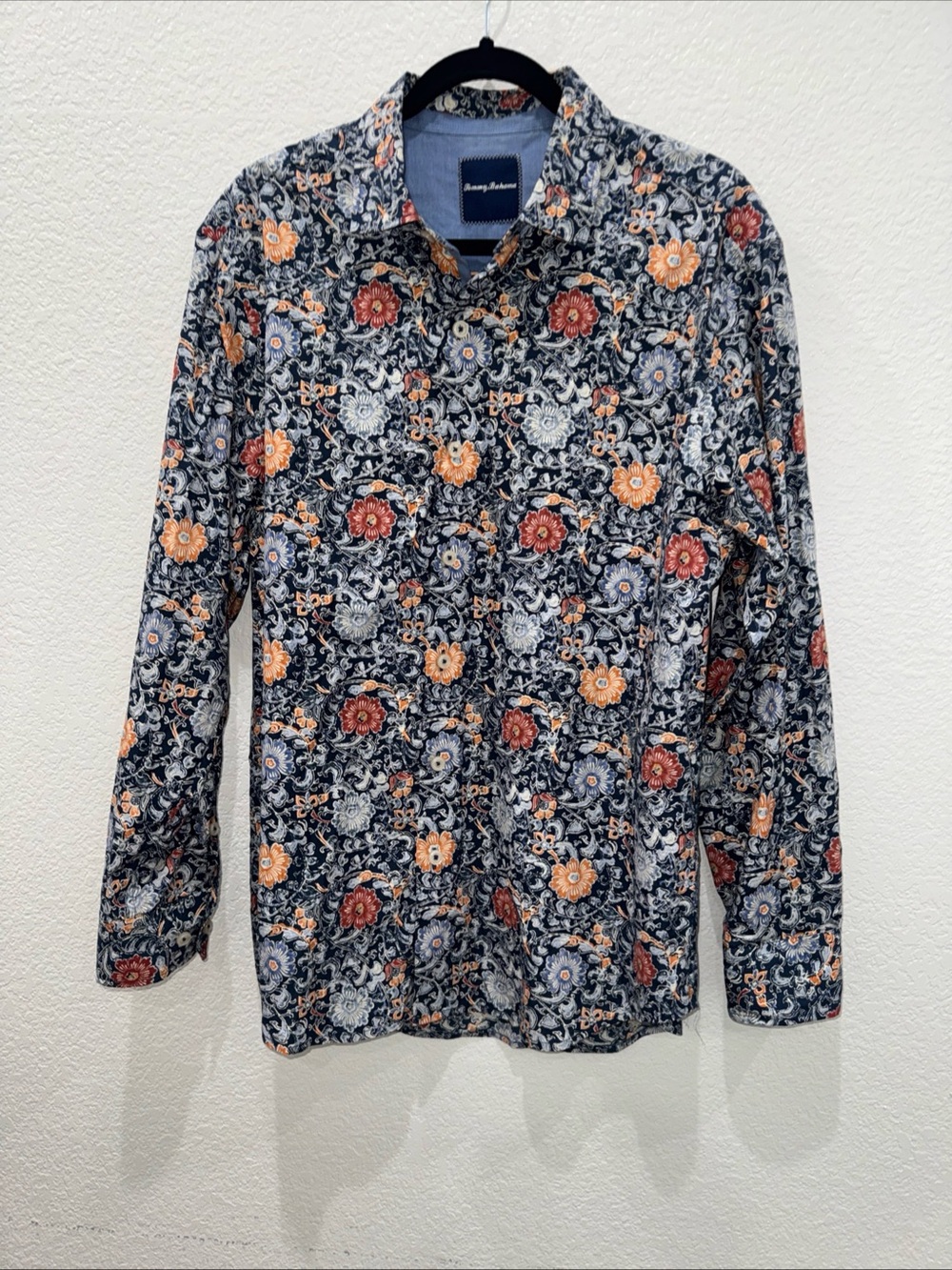 Tommy Bahama Mens Medium Floral Silk Cotton Button Front Shirt Blue Orange Print